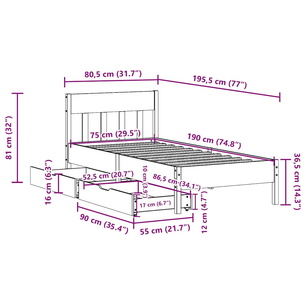 Bed Frame without Mattress Wax Brown 75x190 cm Small Single Solid Wood Pine