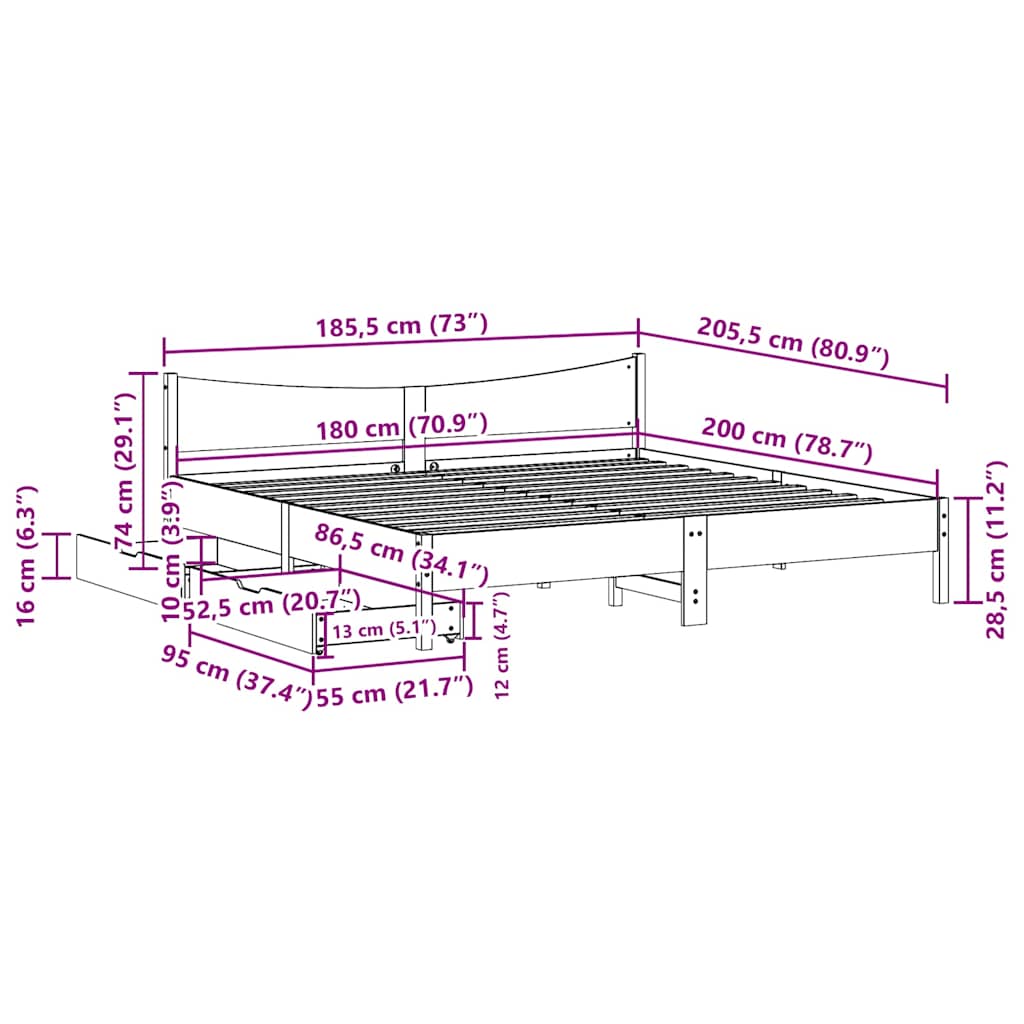 Bed Frame with Drawers White 180x200 cm Super King Solid Wood Pine