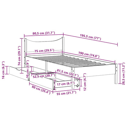 Bed Frame with Drawers Wax Brown 75x190 cm Small Single Solid Wood Pine