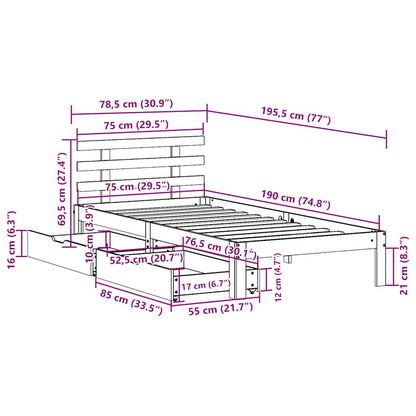 Bed Frame with Drawers without Mattress White75x190 cm