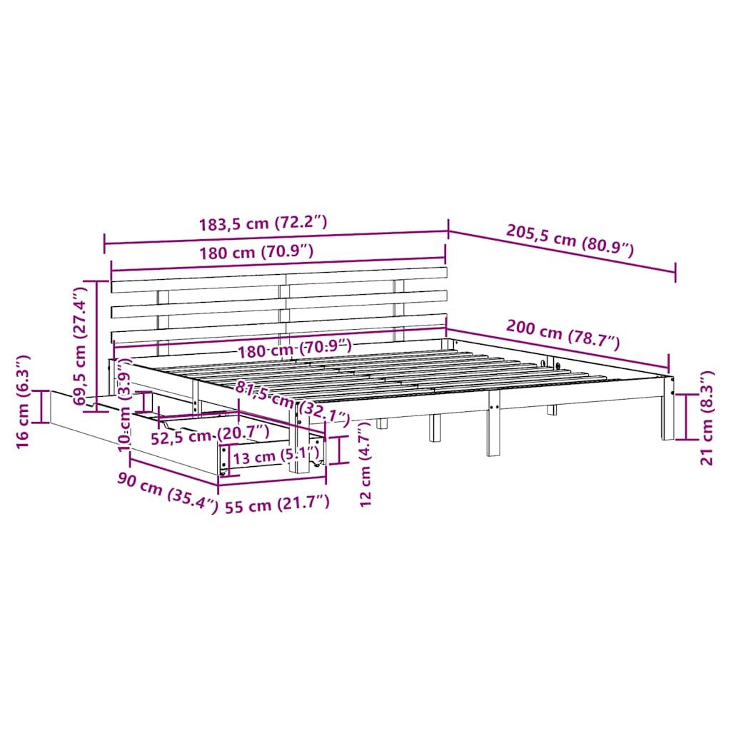 Bed Frame with Drawers without Mattress 180x200 cm Super King