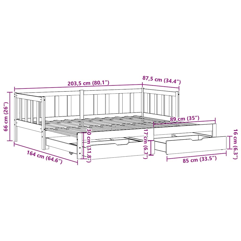 Daybed with Trundle and Drawers without Mattress 80x200 cm