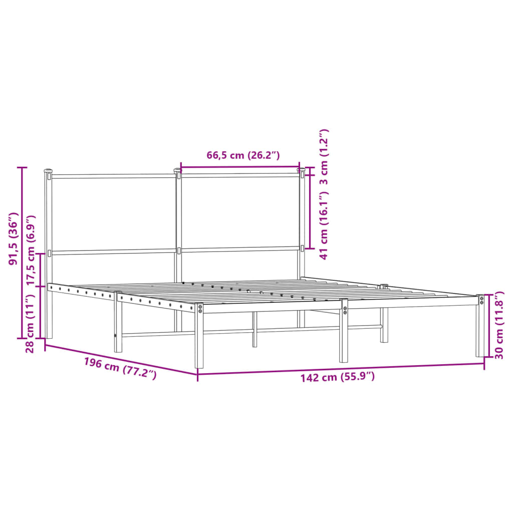 Metal Bed Frame without Mattress Sonoma Oak 137x190 cm