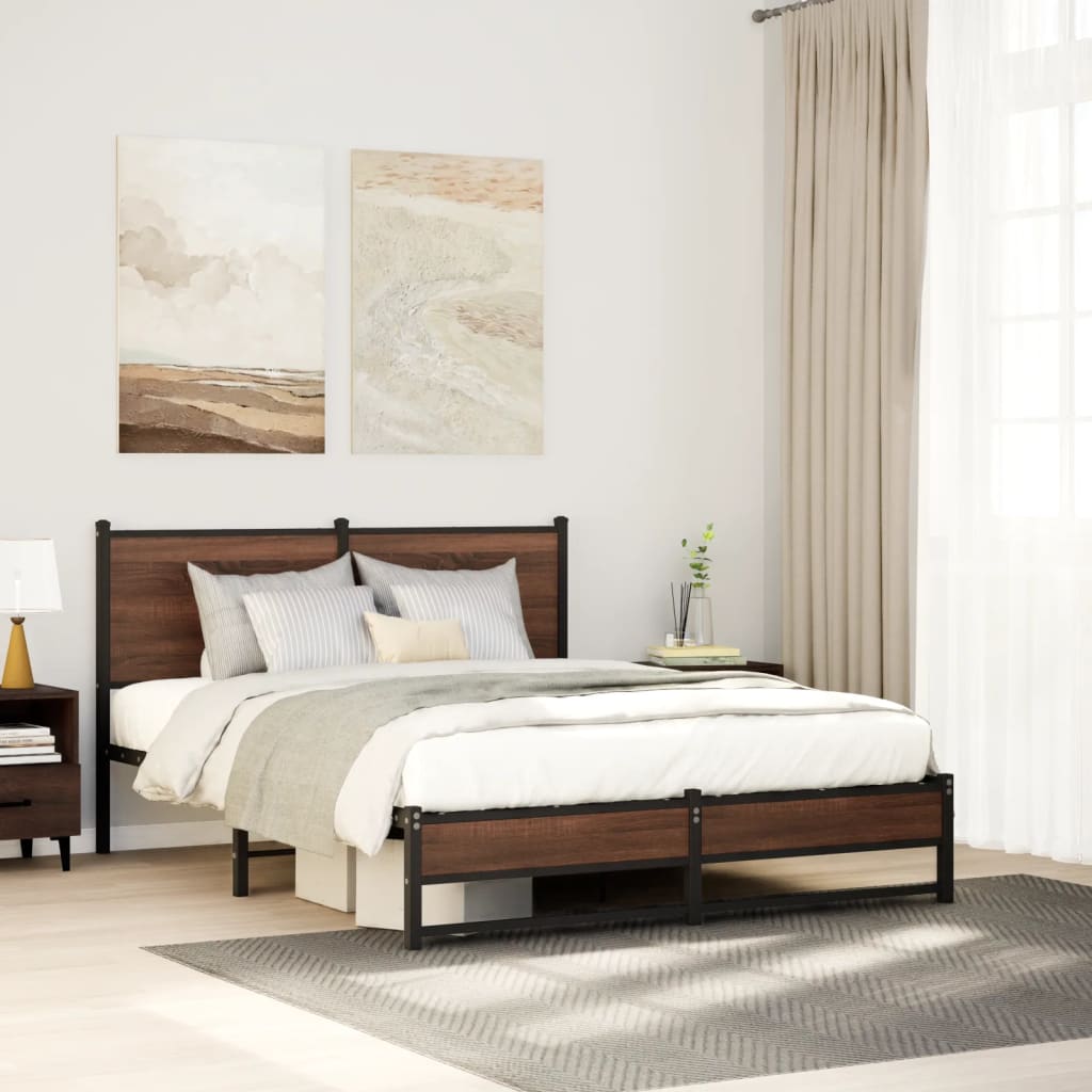 Metal Bed Frame without Mattress Brown Oak 137x190 cm