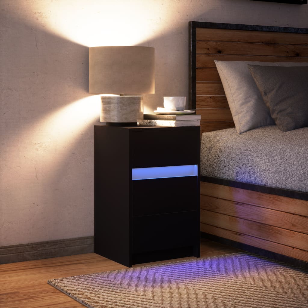 Bedside Cabinet with LED Lights Black Engineered Wood