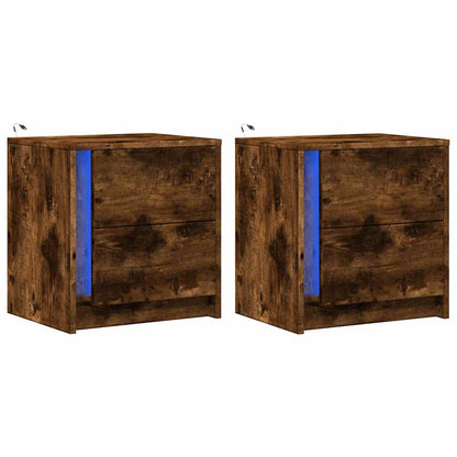Bedside Cabinets with LED Lights 2 pcs Smoked Oak Engineered Wood