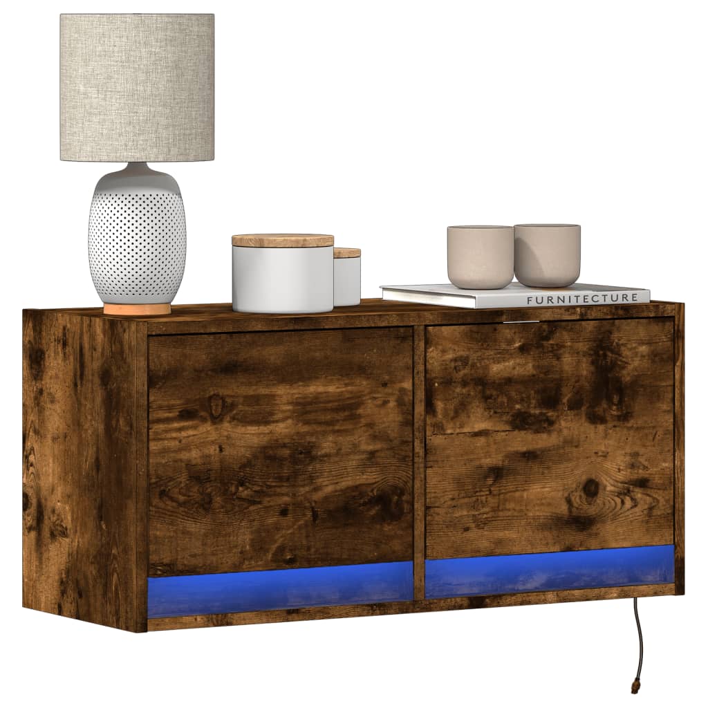 TV Wall Cabinet with LED Lights Smoked Oak 80x31x38 cm
