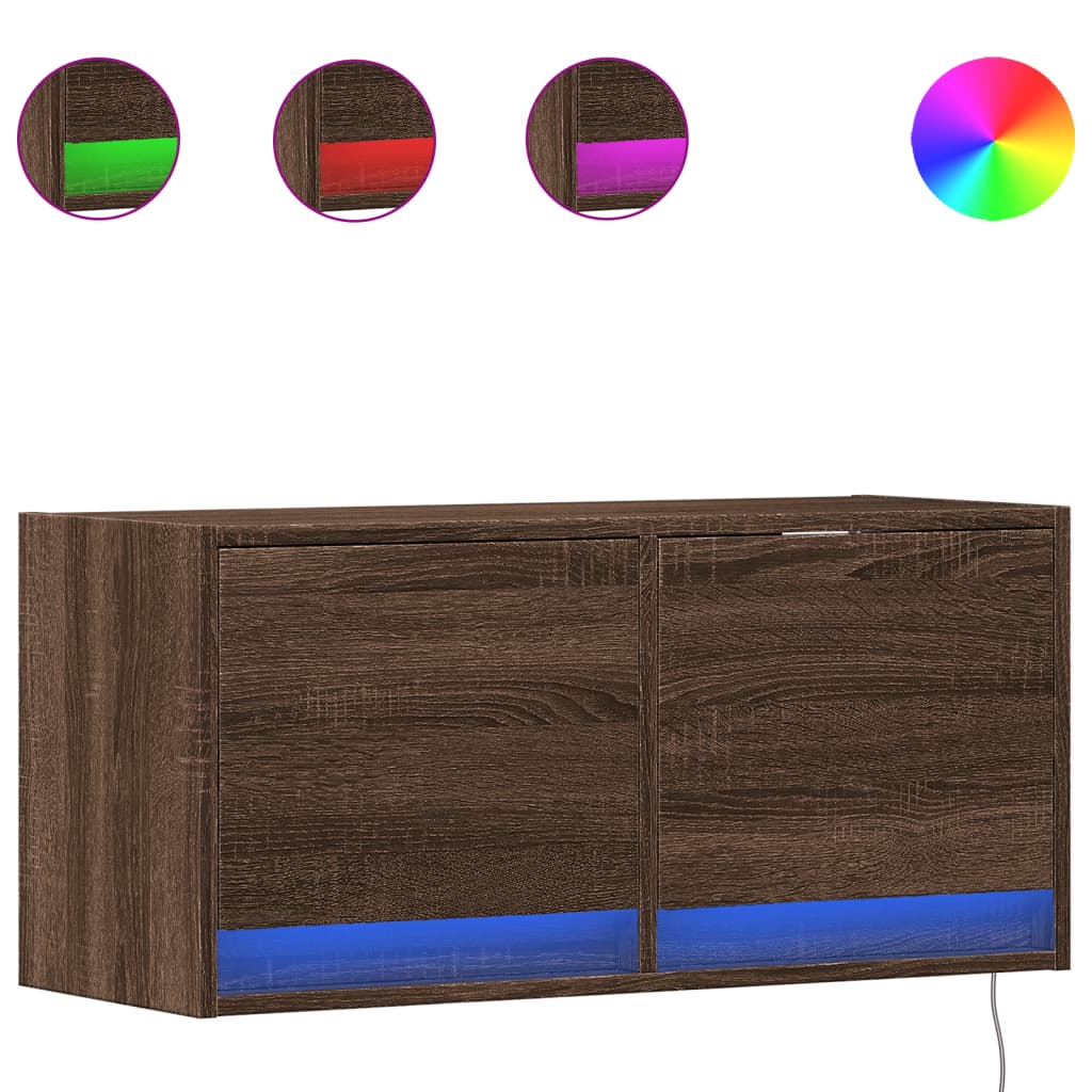 TV Wall Cabinet with LED Lights Brown Oak 80x31x38 cm