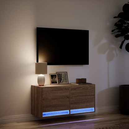 TV Wall Cabinet with LED Lights Brown Oak 80x31x38 cm