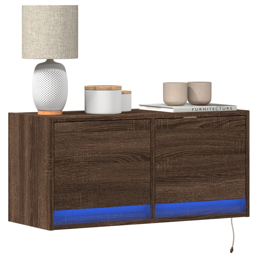 TV Wall Cabinet with LED Lights Brown Oak 80x31x38 cm