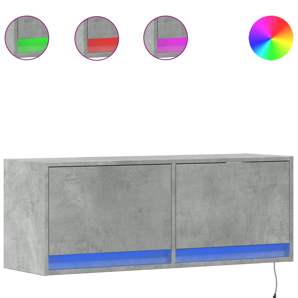 TV Wall Cabinet with LED Lights Concrete Grey 100x31x38 cm