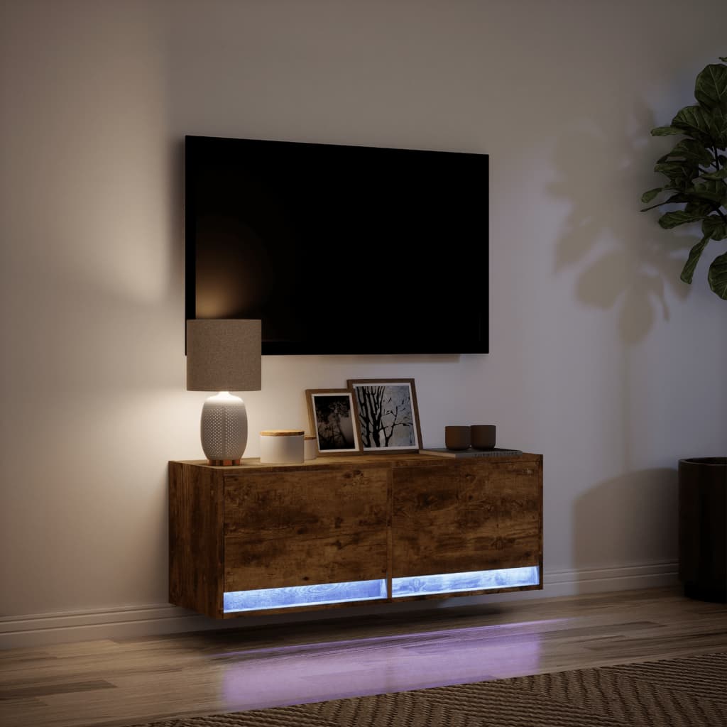 TV Wall Cabinet with LED Lights Smoked Oak 100x31x38 cm