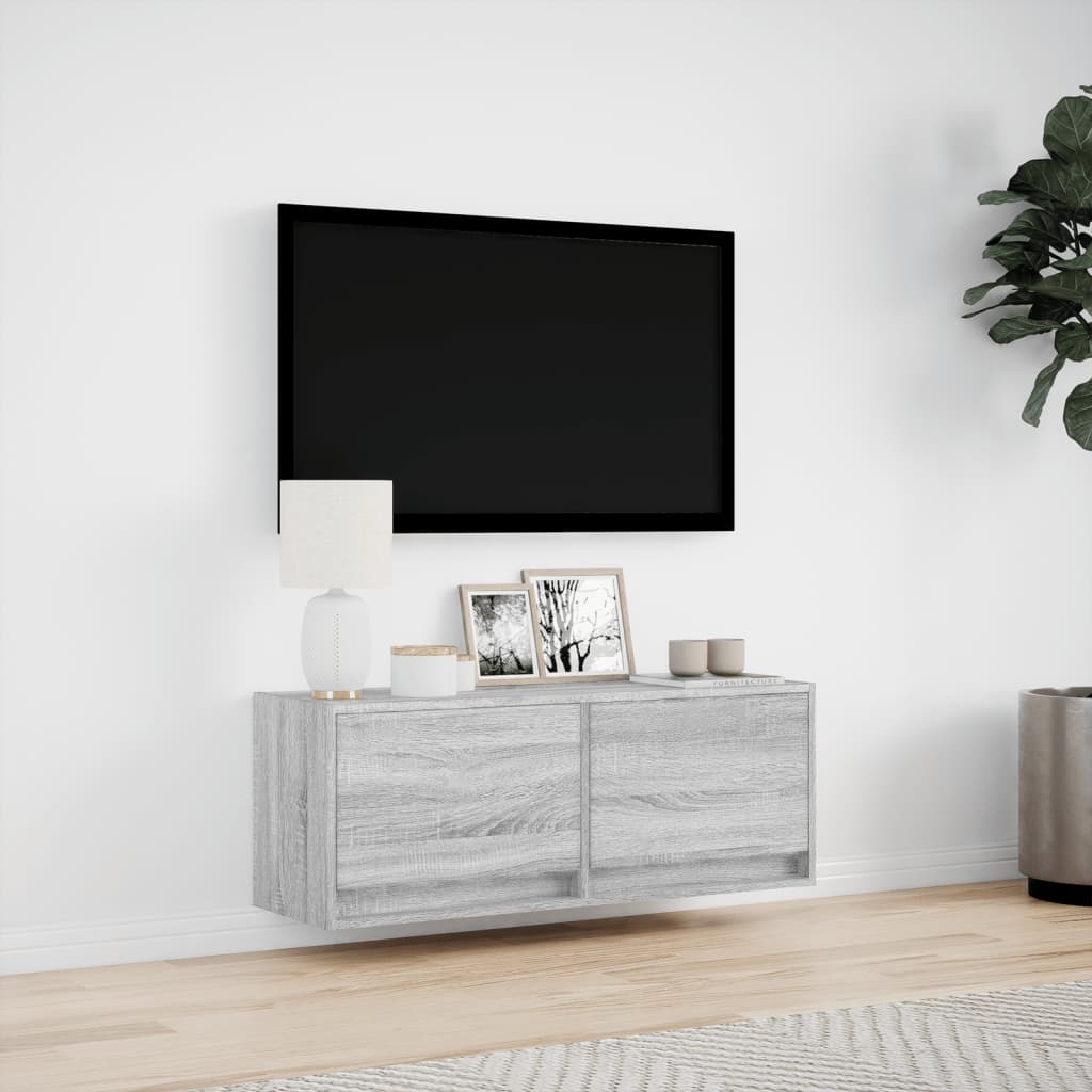 TV Wall Cabinet with LED Lights Grey Sonoma 100x31x38 cm