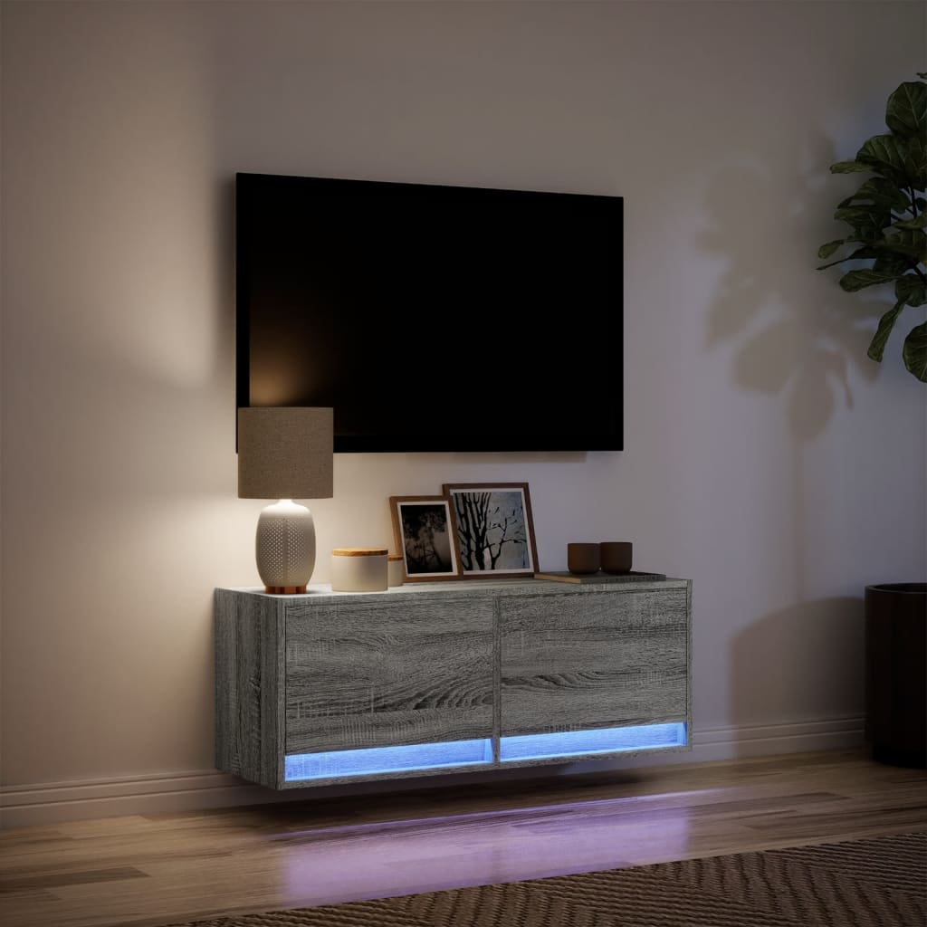 TV Wall Cabinet with LED Lights Grey Sonoma 100x31x38 cm