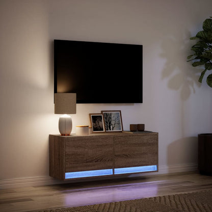 TV Wall Cabinet with LED Lights Brown Oak 100x31x38 cm