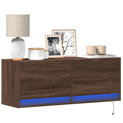 TV Wall Cabinet with LED Lights Brown Oak 100x31x38 cm