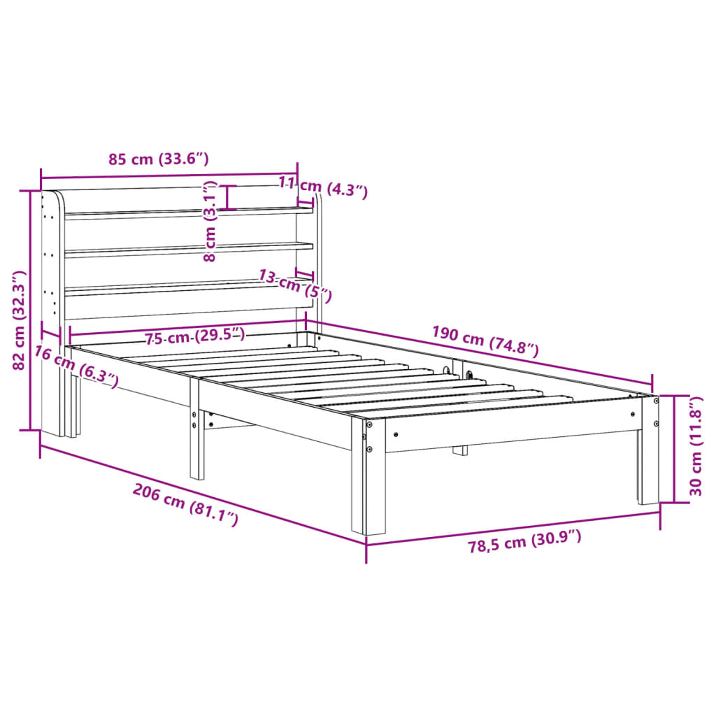 Bed Frame without Mattress Wax Brown 75x190 cm Small Single Solid Wood Pine