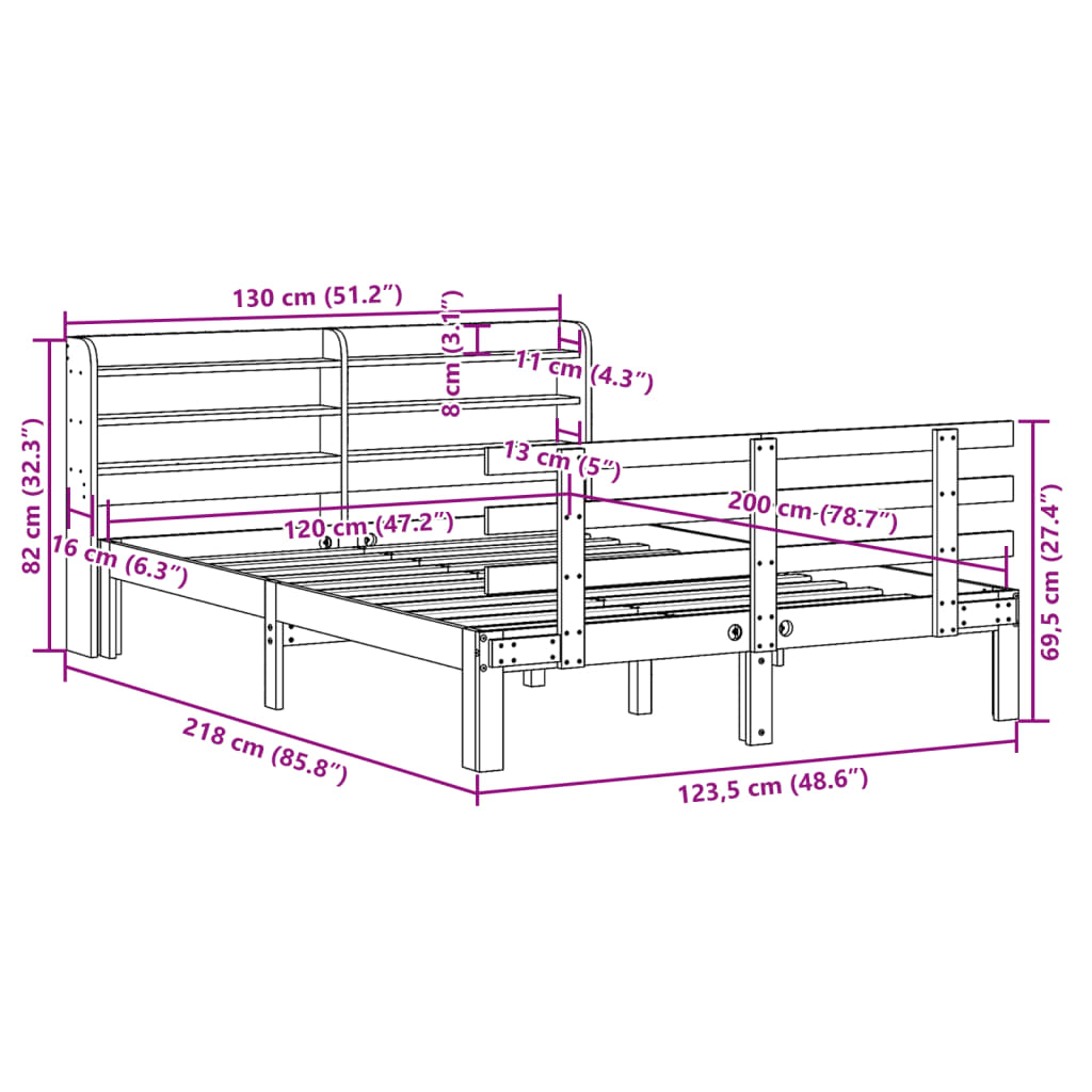 Bed Frame | White | Solid pine wood | Double | Bed Frame | Rectangular