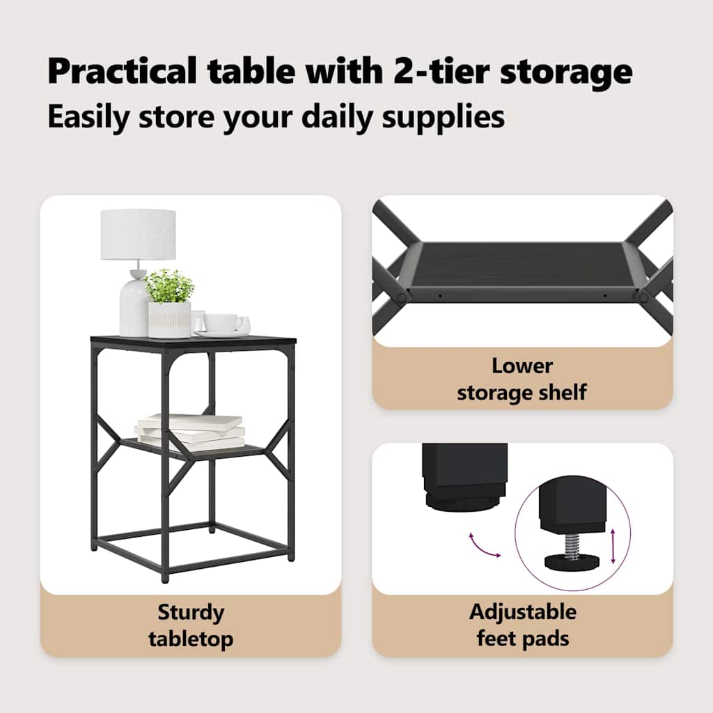 Side Table Black Oak 41 x 40 x 60 cm Engineered Wood and Steel