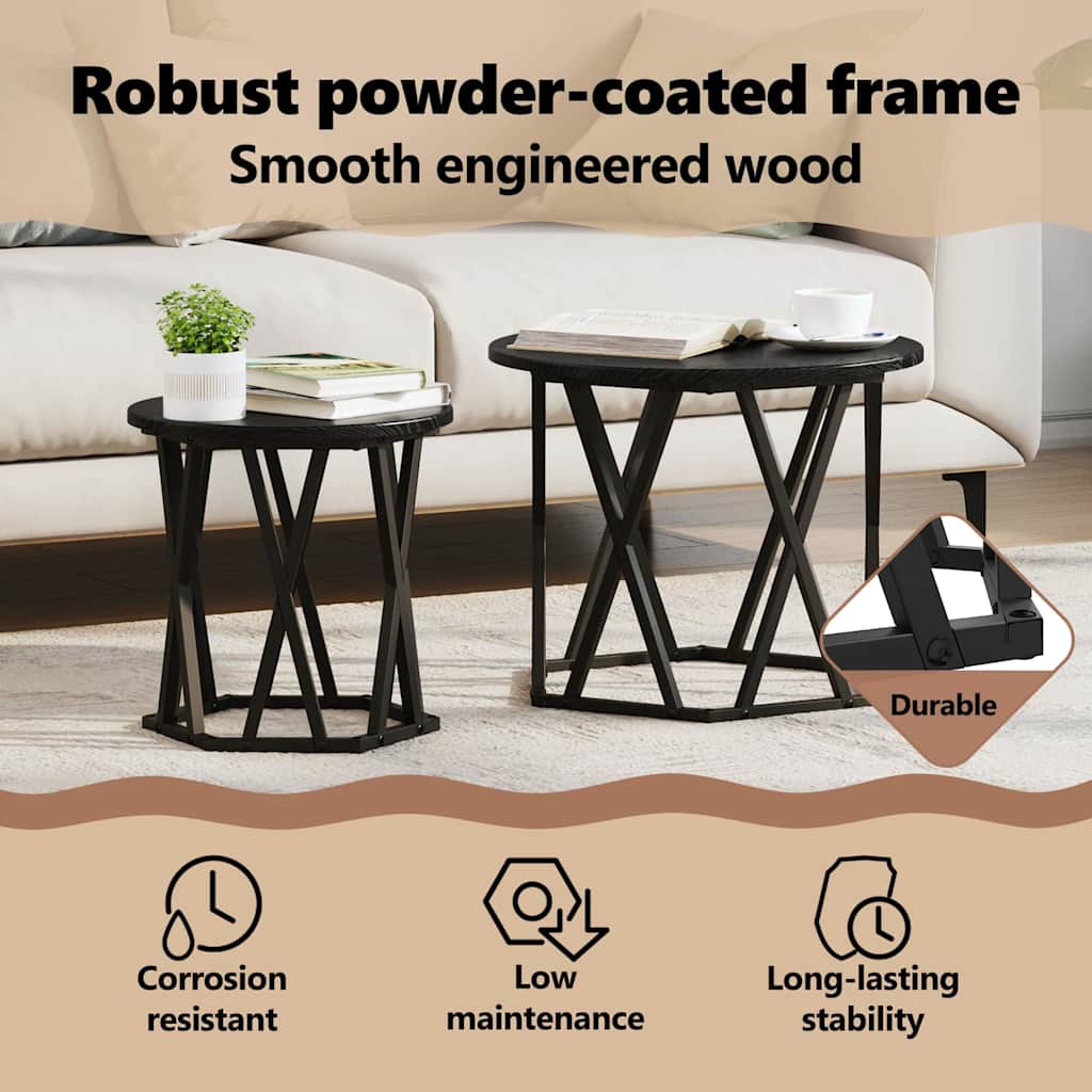 Side Table 2 pcs Black Oak Engineered Wood and Steel