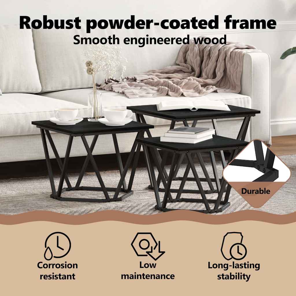 Coffee Table 3 pcs Black Oak Engineered Wood and Steel