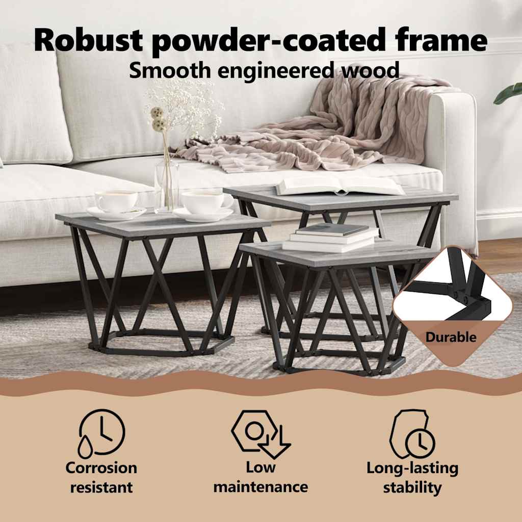 Coffee Table 3 pcs Grey Sonoma Engineered Wood and Steel