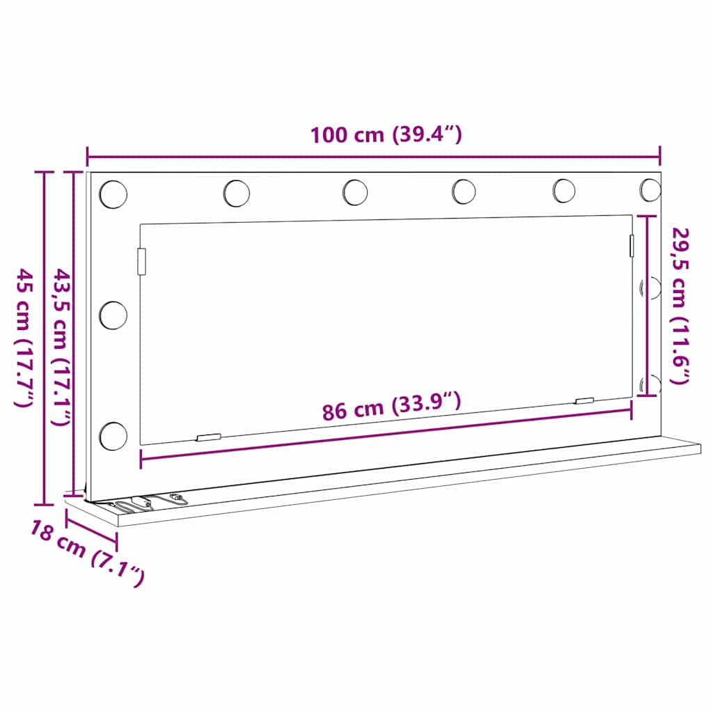 Vanity Mirror Rectangular Sonoma Oak 100 x 45 x 18 cm