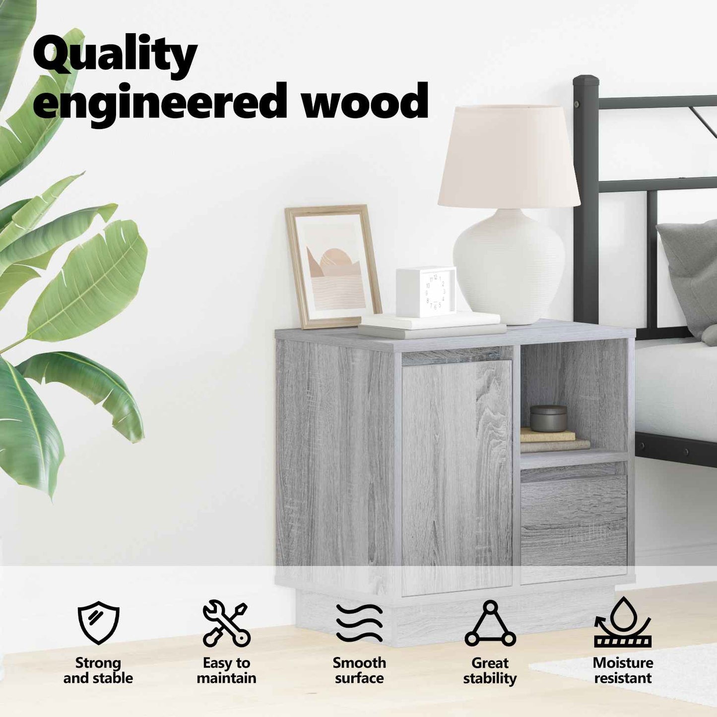 Bedside Cabinet Grey 50 x 34.5 x 50 cm Engineered wood