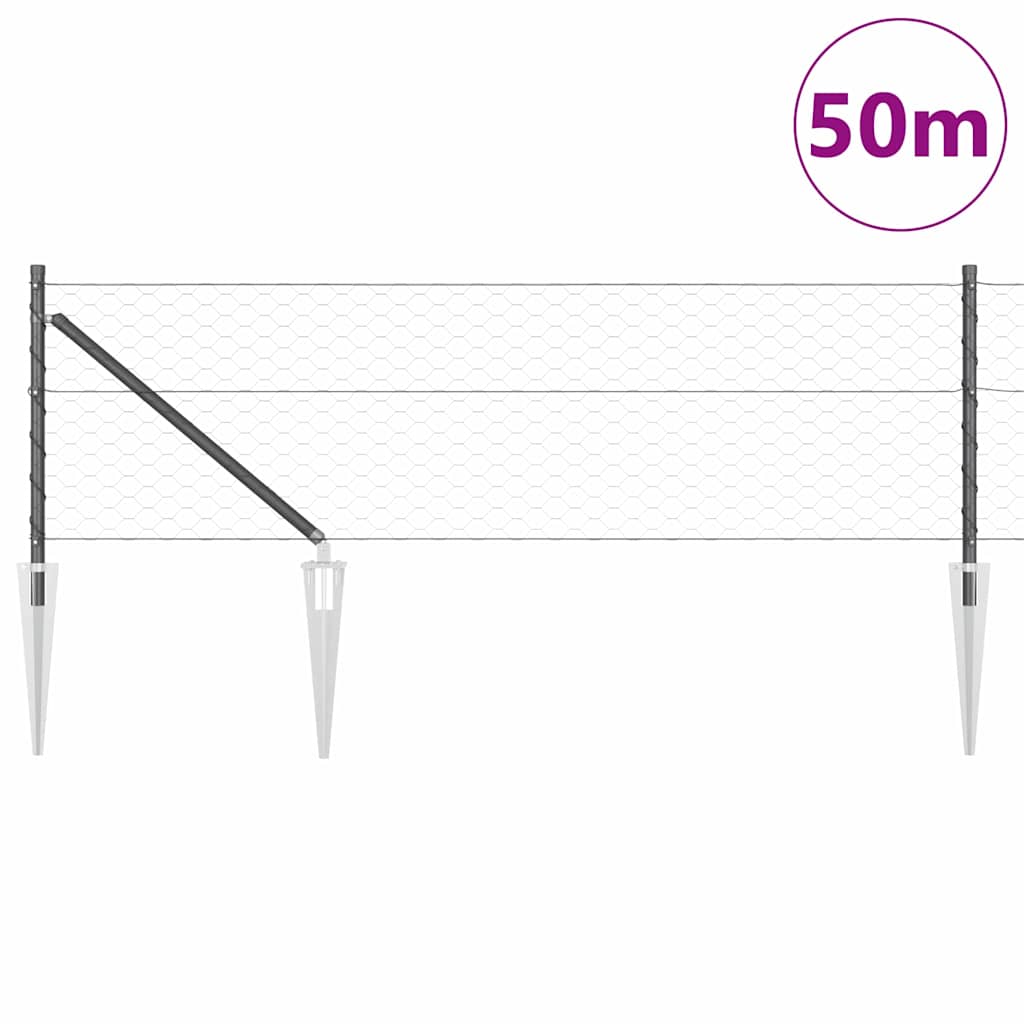 Hexagonal Fence with Post 50 x 0.6 m PVC-Coated Steel Grey Mesh