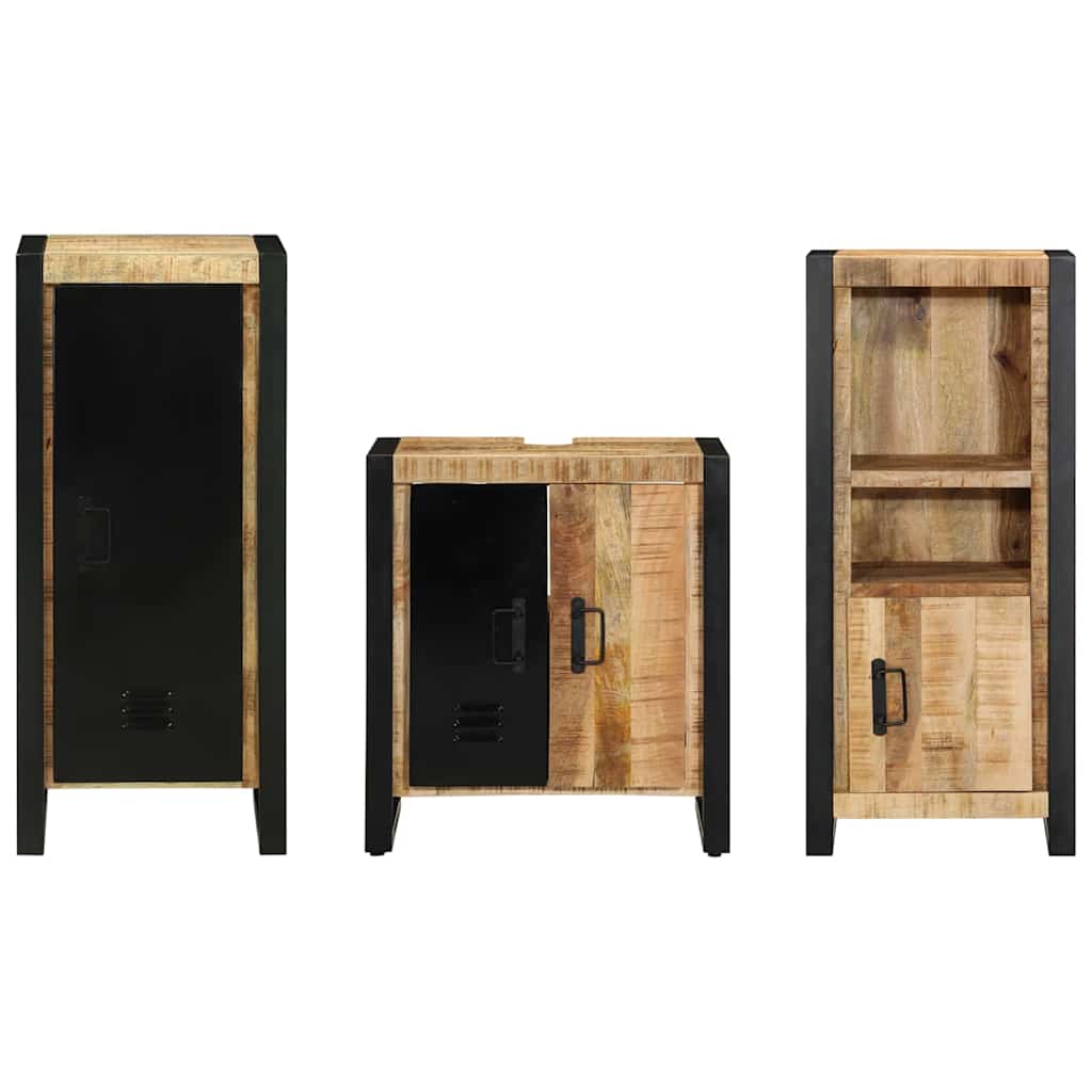 Bathroom Furniture Set 3 pcs Brown and Black Solid Mango Wood