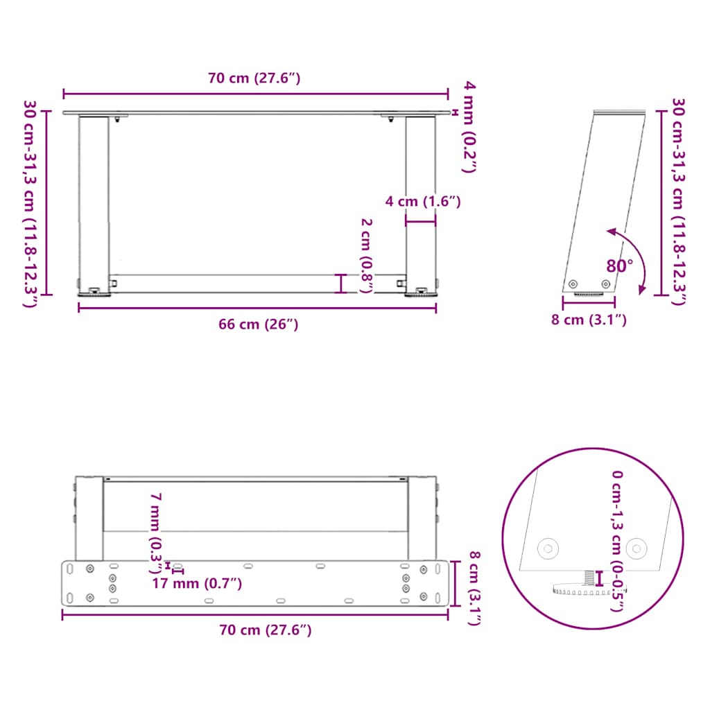 Coffee Table Legs U-Shaped 2 pcs Natural Steel 70x(30-31) cm Steel