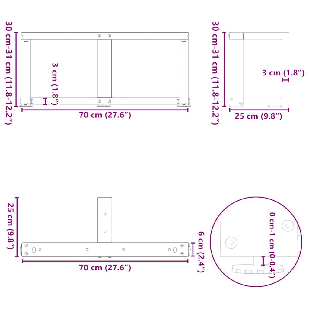 Coffee Table Legs T-Shaped 2 pcs Black 70x25x(30-31) cm Steel