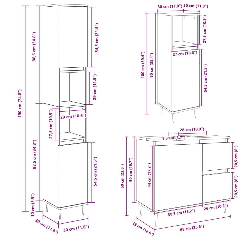 3 Piece Bathroom Furniture Set Sonoma Oak Engineered Wood
