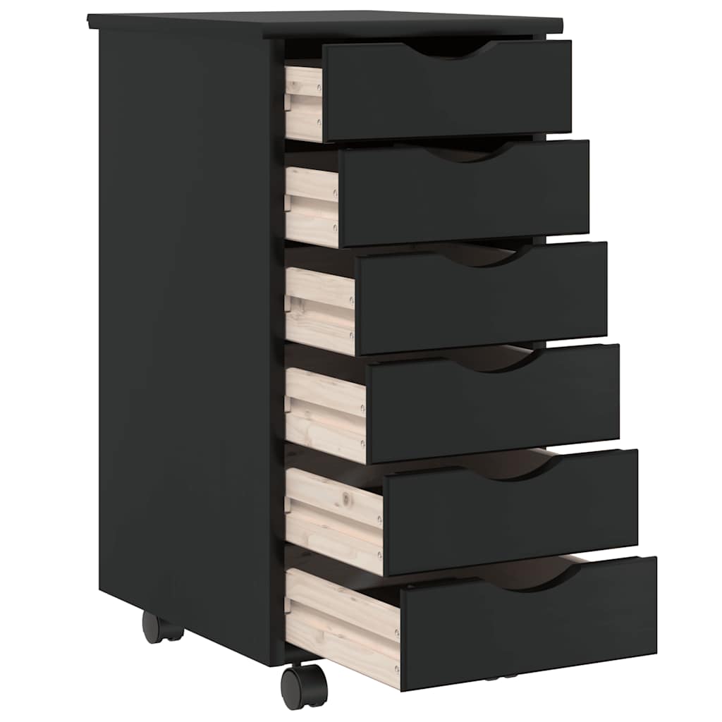 Rolling Cabinet with Drawers MOSS Black Solid Wood Pine