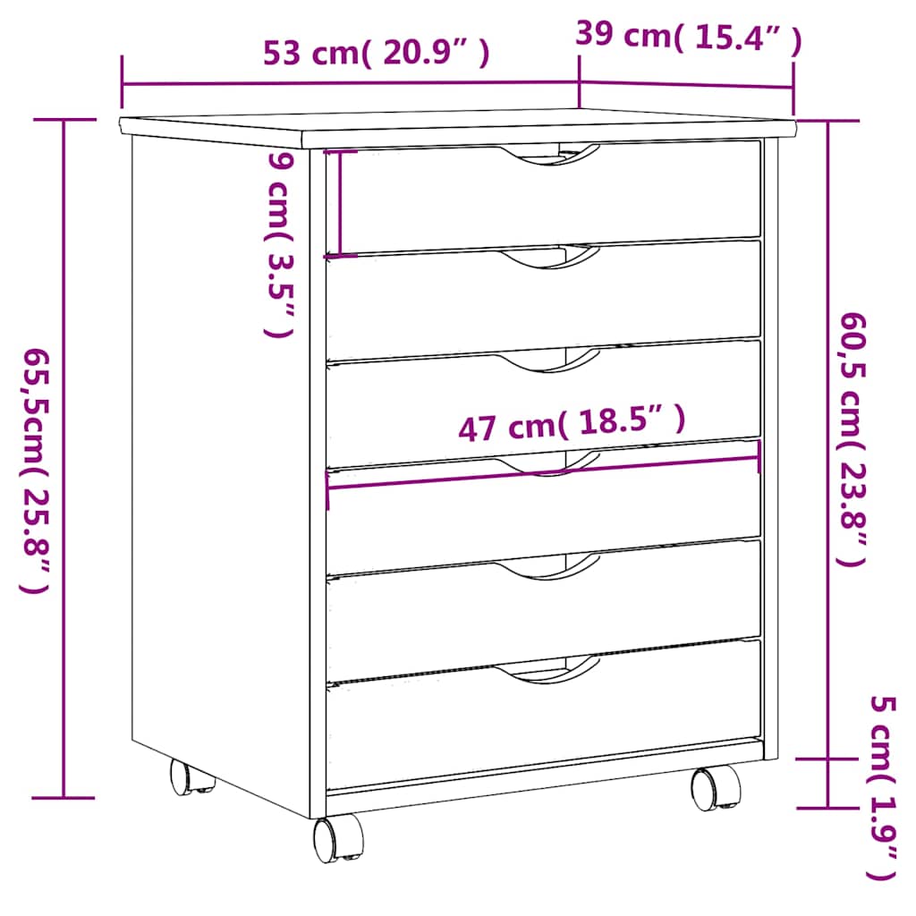 Rolling Cabinet with Drawers MOSS Black Solid Wood Pine