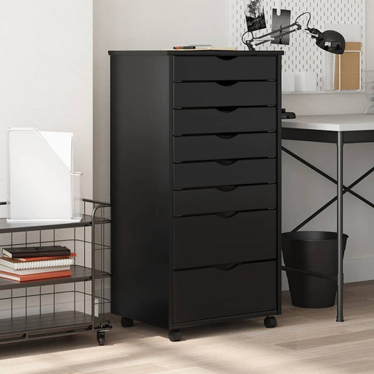 Rolling Cabinet with Drawers MOSS Black Solid Wood Pine