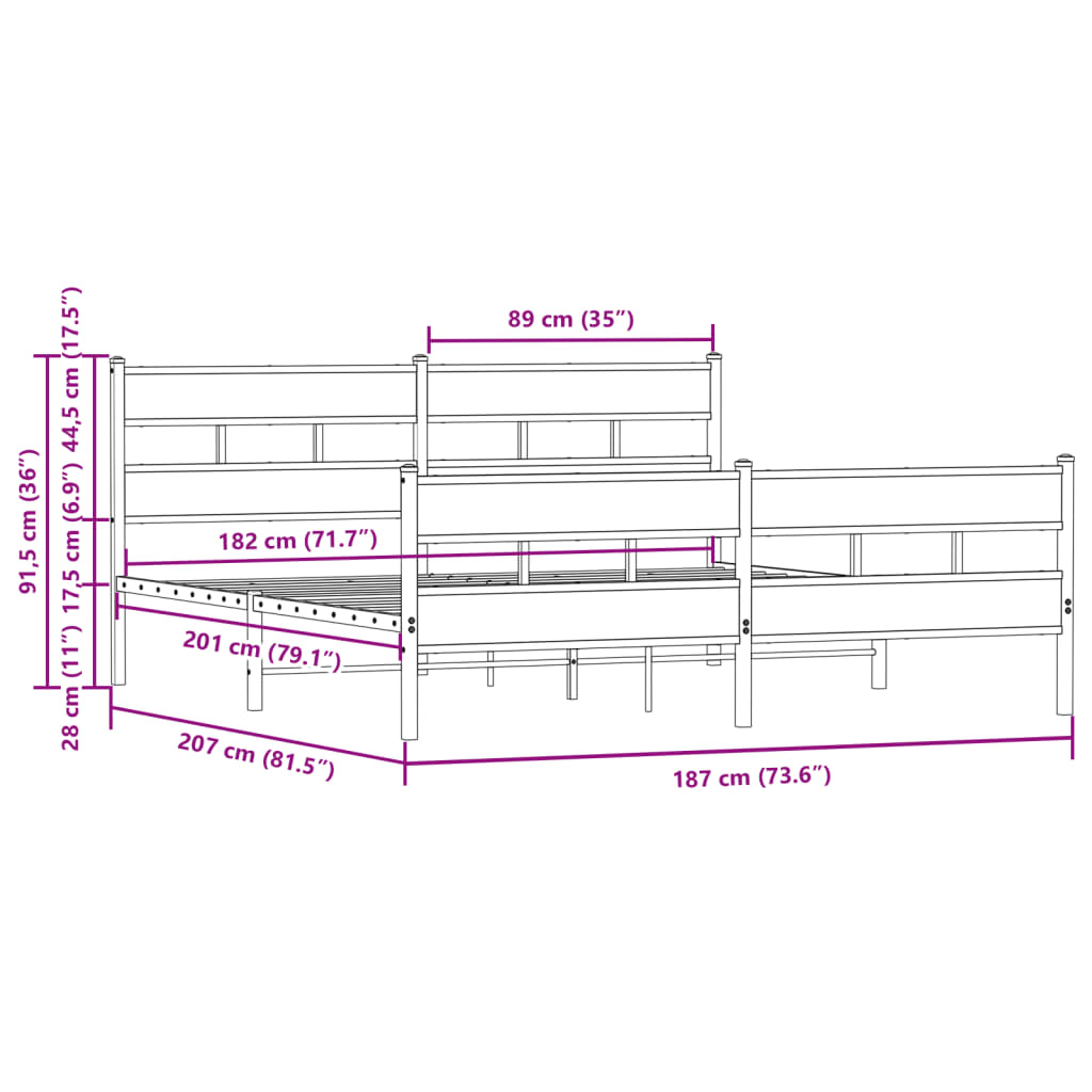 Metal Bed Frame without Mattress Brown Oak 180x200 cm Super King