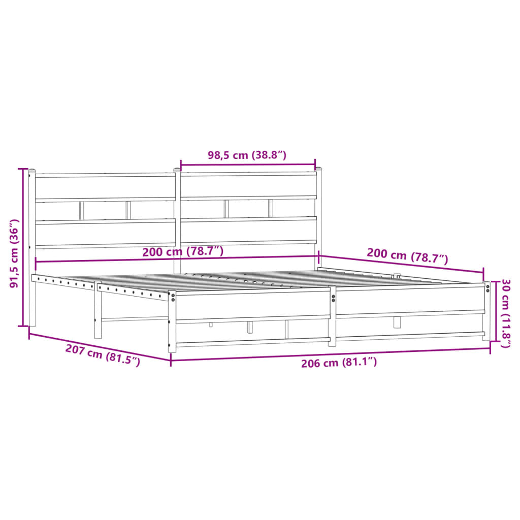Metal Bed Frame without Mattress Smoked Oak 200x200 cm