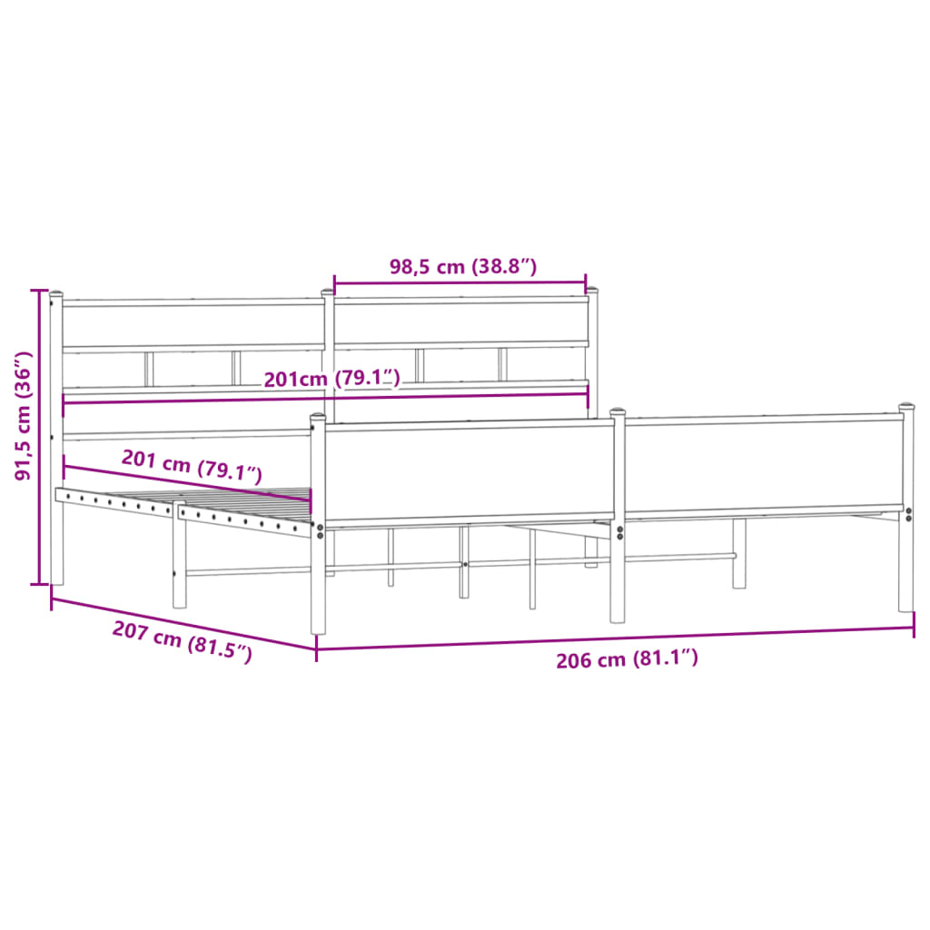 Metal Bed Frame without Mattress Smoked Oak 200x200 cm