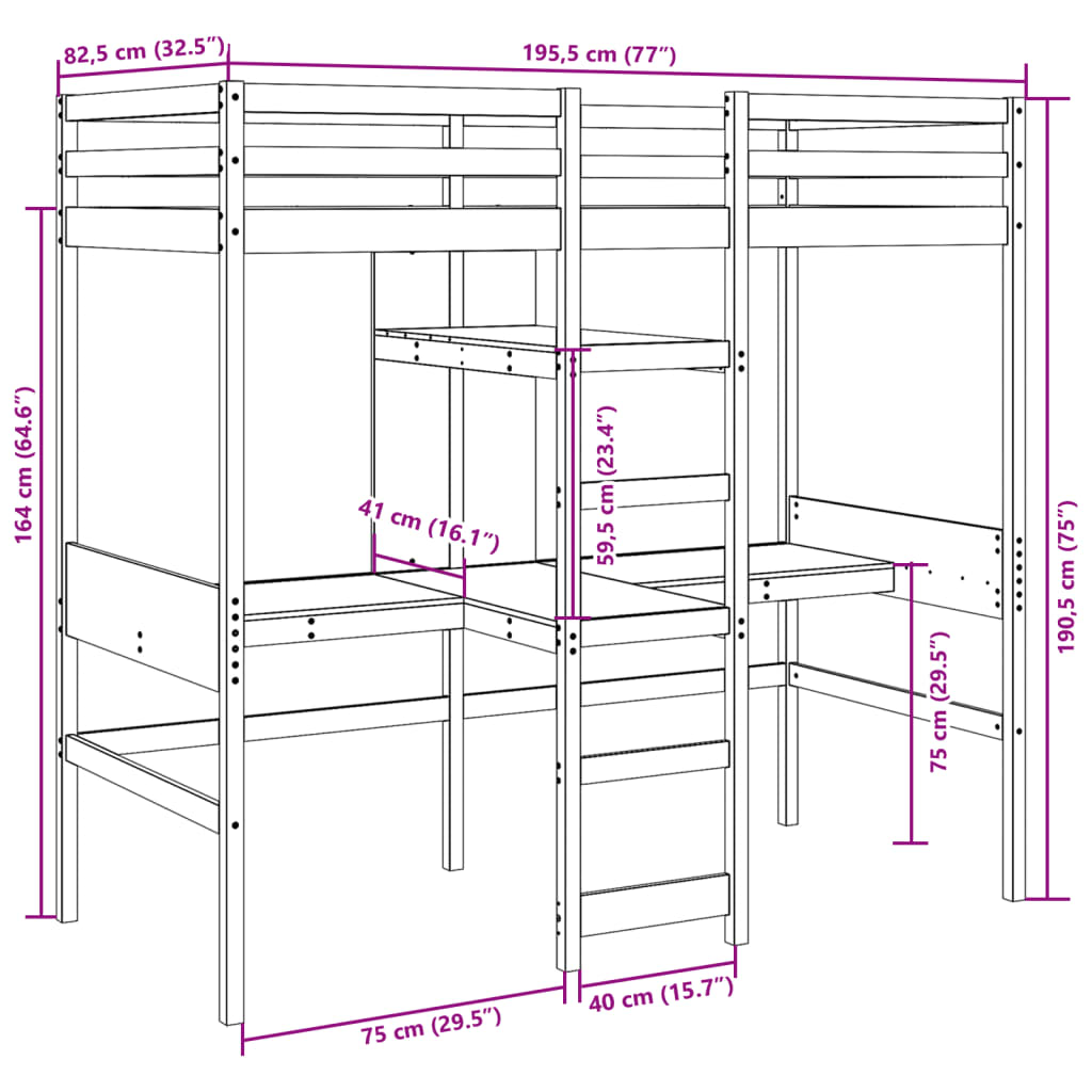 Loft Bed Frame without Mattress Wax Brown 75x190cm Solid Wood Pine