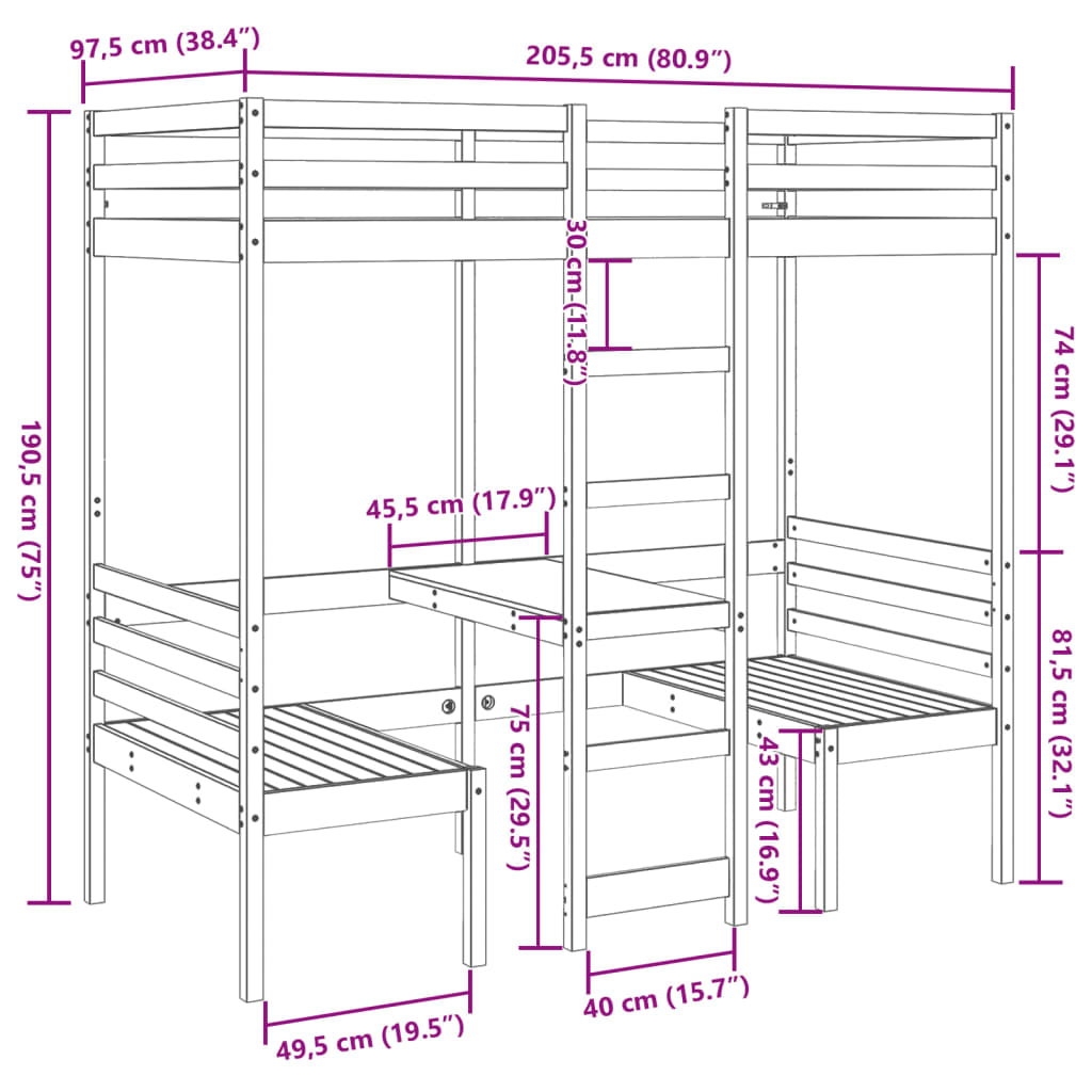Loft Bed Frame with Desk and Chairs 90x200cm Solid Wood Pine