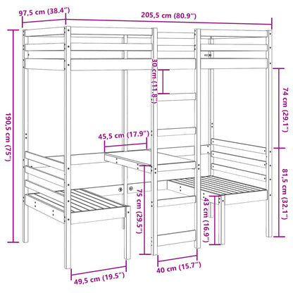 Loft Bed Frame with Desk and Chairs White 90x200cm Solid Wood Pine