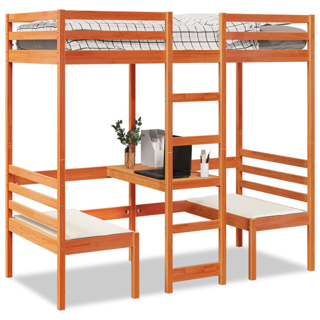 Loft Bed Frame with Desk and Chairs Wax Brown 90x200cm Solid Wood Pine