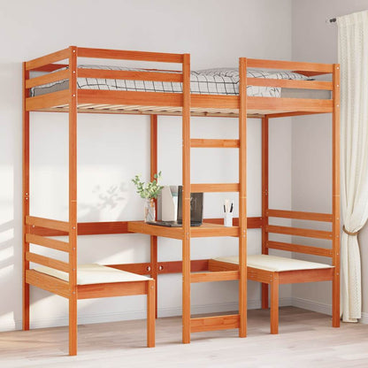 Loft Bed Frame with Desk and Chairs Wax Brown 80x200cm Solid Wood Pine