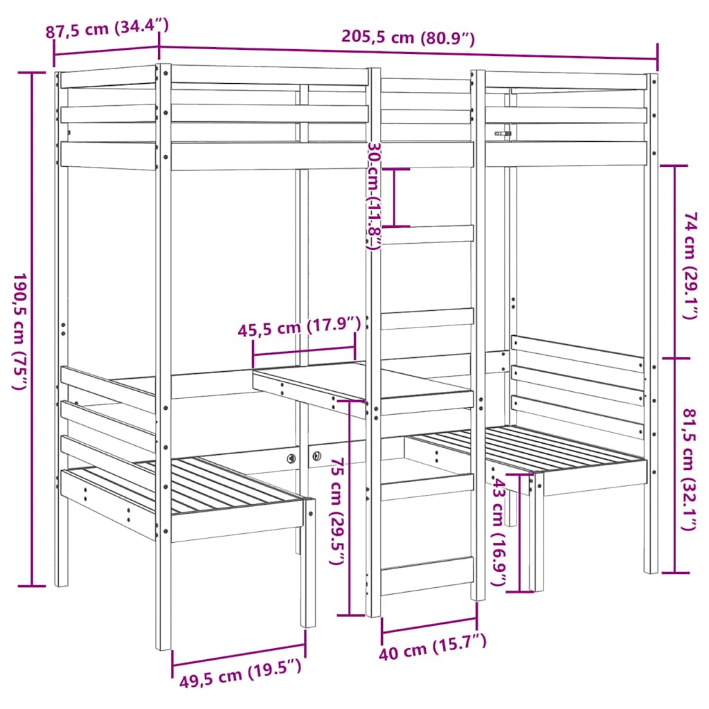 Loft Bed Frame with Desk and Chairs Wax Brown 80x200cm Solid Wood Pine