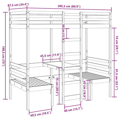 Loft Bed Frame with Desk and Chairs Wax Brown 80x200cm Solid Wood Pine