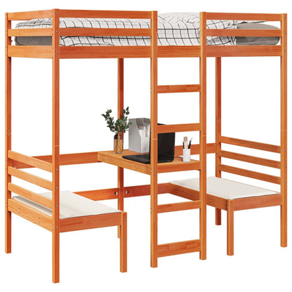 Loft Bed Frame with Desk and Chairs Wax Brown 90x190cm Solid Wood Pine