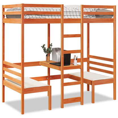 Loft Bed Frame with Desk and Chairs Wax Brown 90x190cm Solid Wood Pine