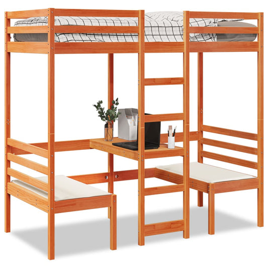 Loft Bed Frame with Desk and Chairs Wax Brown 90x190cm Solid Wood Pine