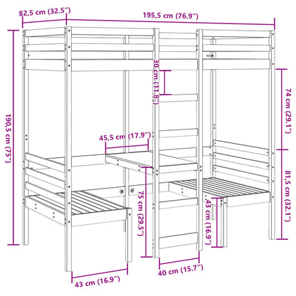 Loft Bed Frame with Desk and Chairs 75x190cm Solid Wood Pine